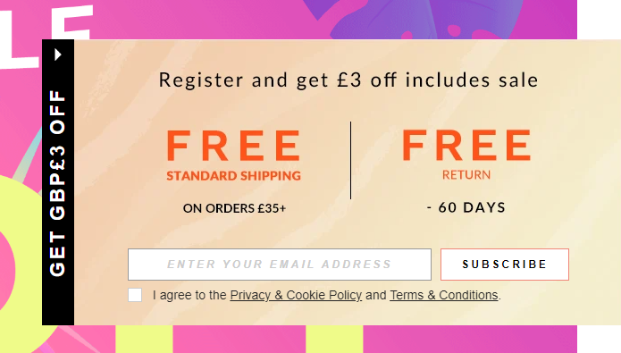 Screenshot of SHEIN's mailing list pop up