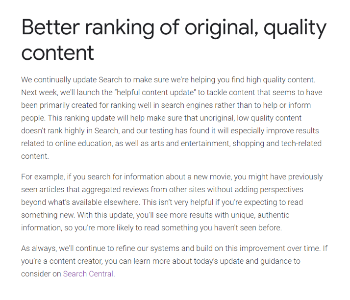 Screenshot from Google's Helpful Content algorithm update announcement.