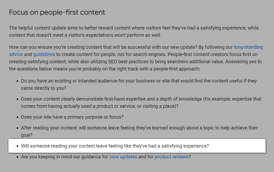 Screenshot of the question, "Will someone reading your content leave feeling like they've had a satisfying experience?".
