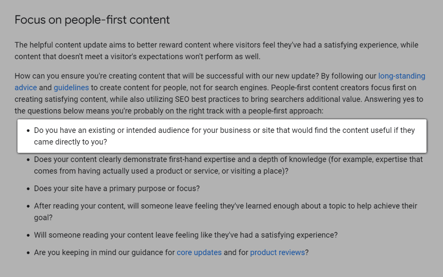 Screenshot of the question, "Do you have an existing or intended audience for your business or site that would find the content useful if they came directly to you?".