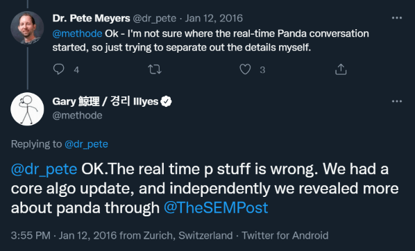 Screenshot of Gary Illyes explaining that the Panda algorithm update doesn't run in real time.