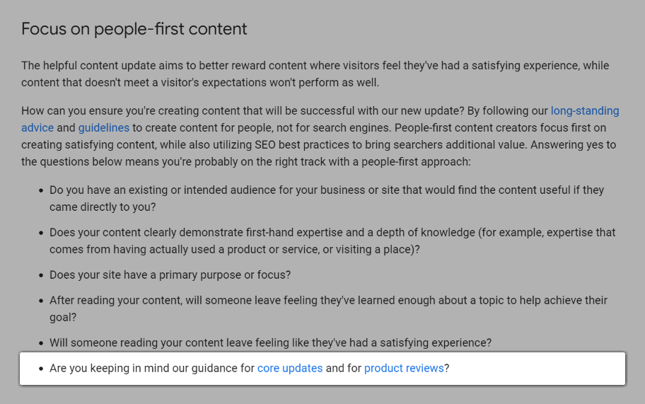 Screenshot of the question, "Are you keeping in mind our guidance for core updates and for product reviews?".