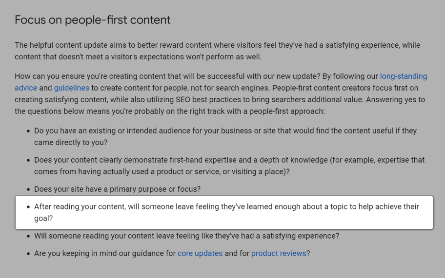 Screenshot of the question, "After reading your content, will someone leave feeling they've learned enough about a topic to help achieve their goal?".
