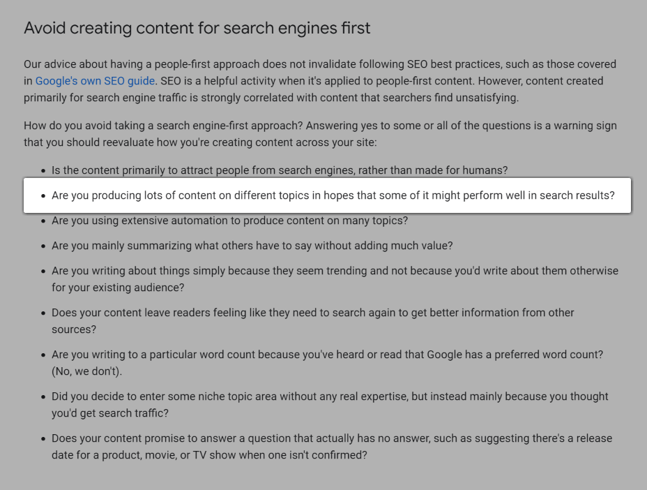 Screenshot of the question, "Are you producing lots of content on different topics in hopes that some of it might perform well in search results?".