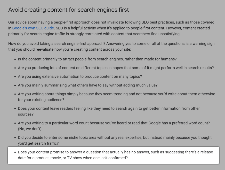 Screenshot of the question, "Does your content promise to answer a question that actually has no answer, such as suggesting there's a release date for a product, movie, or TV show when one isn't confirmed?".