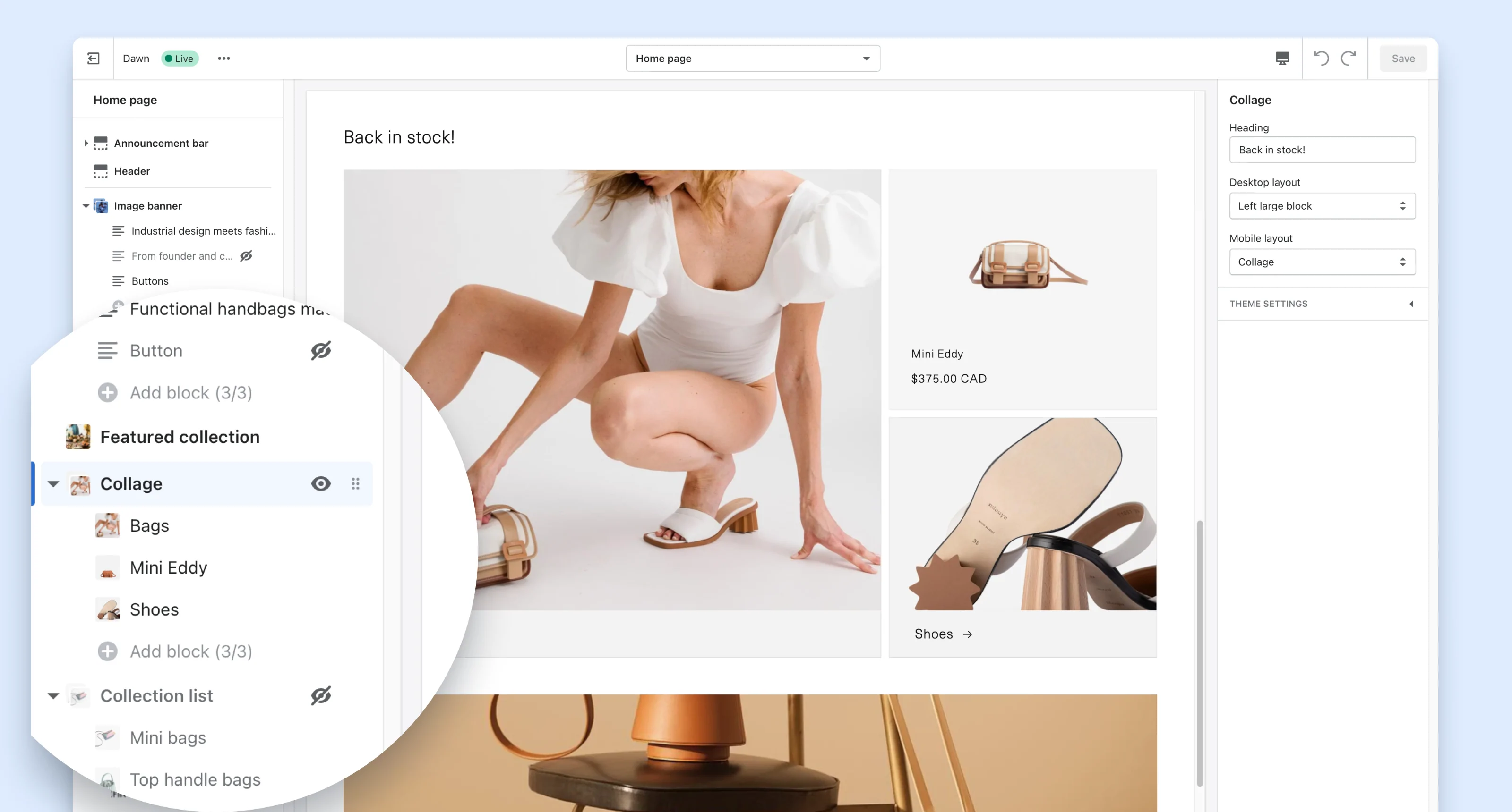 Screenshot of the drag and drop editor in Shopify 2.0