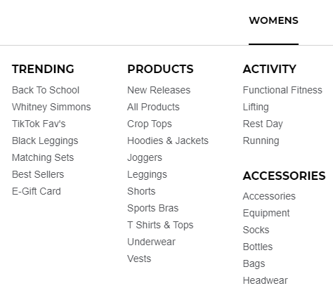Screenshot of the naviagtion on the Gymshark website