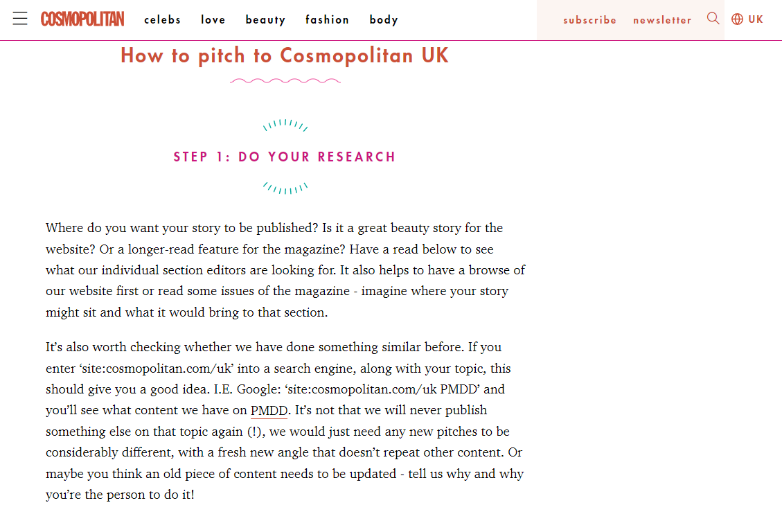 Screenshot of the Cosmopolitan guest post guide