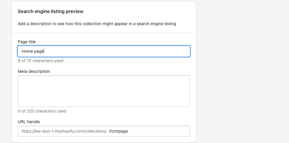 Screenshot of the metadata box on Shopify pages