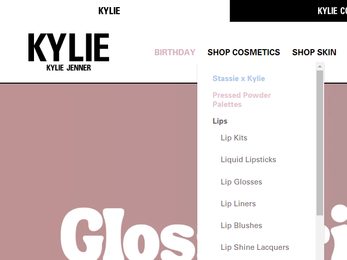 Screenshot of the site navigation on Kylie Cosmetics