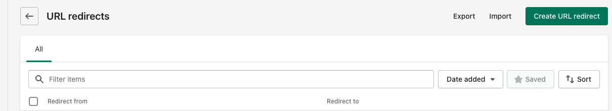 Screenshot of the URL redirect area in Shopify
