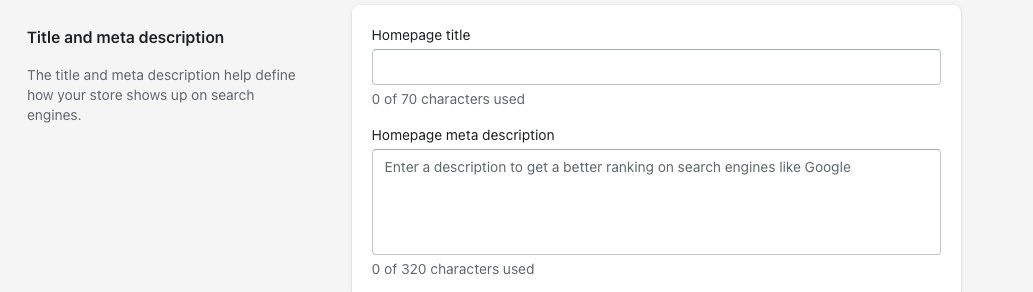 Screenshot of the homepage metadata box on Shopify