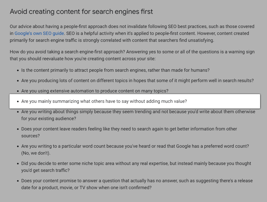 Screenshot of the question, "Are you mainly summarizing what others have to say without adding much value?".