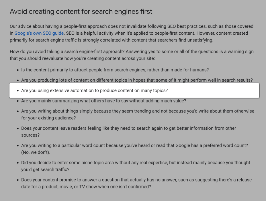 Screenshot of the question, "Are you using extensive automation to produce content on many topics?".