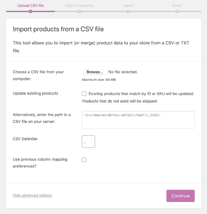 Screenshot of the WooCommerce product CSV importer tool.