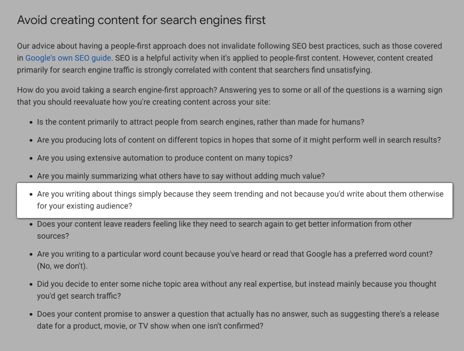 Screenshot of the question, "Are you writing about things simply because they seem trending and not because you'd write about them otherwise for your existing audience?".