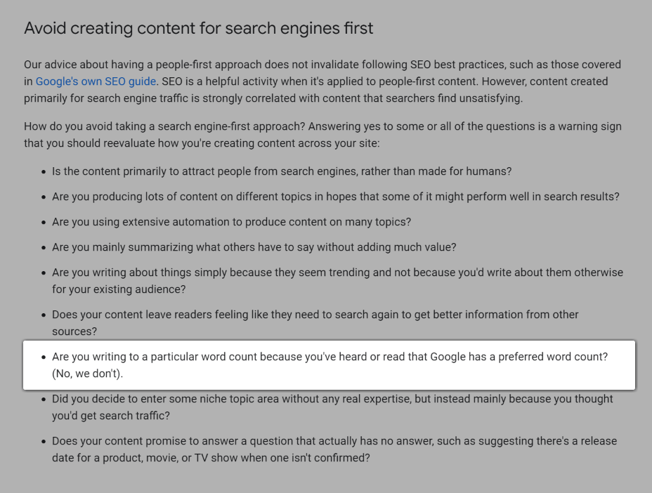 Screenshot of the question, "Are you writing to a particular word count because you've heard or read that Google has a preferred word count? (No, we don't).".
