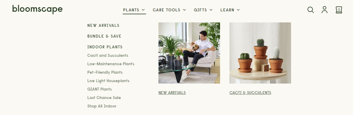 Screenshot of Bloomscape's navigation