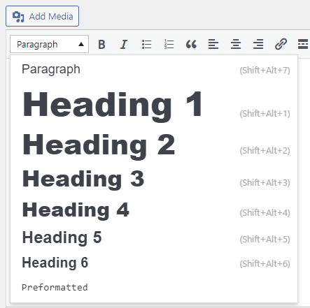 Screenshot of the different headings in WordPress