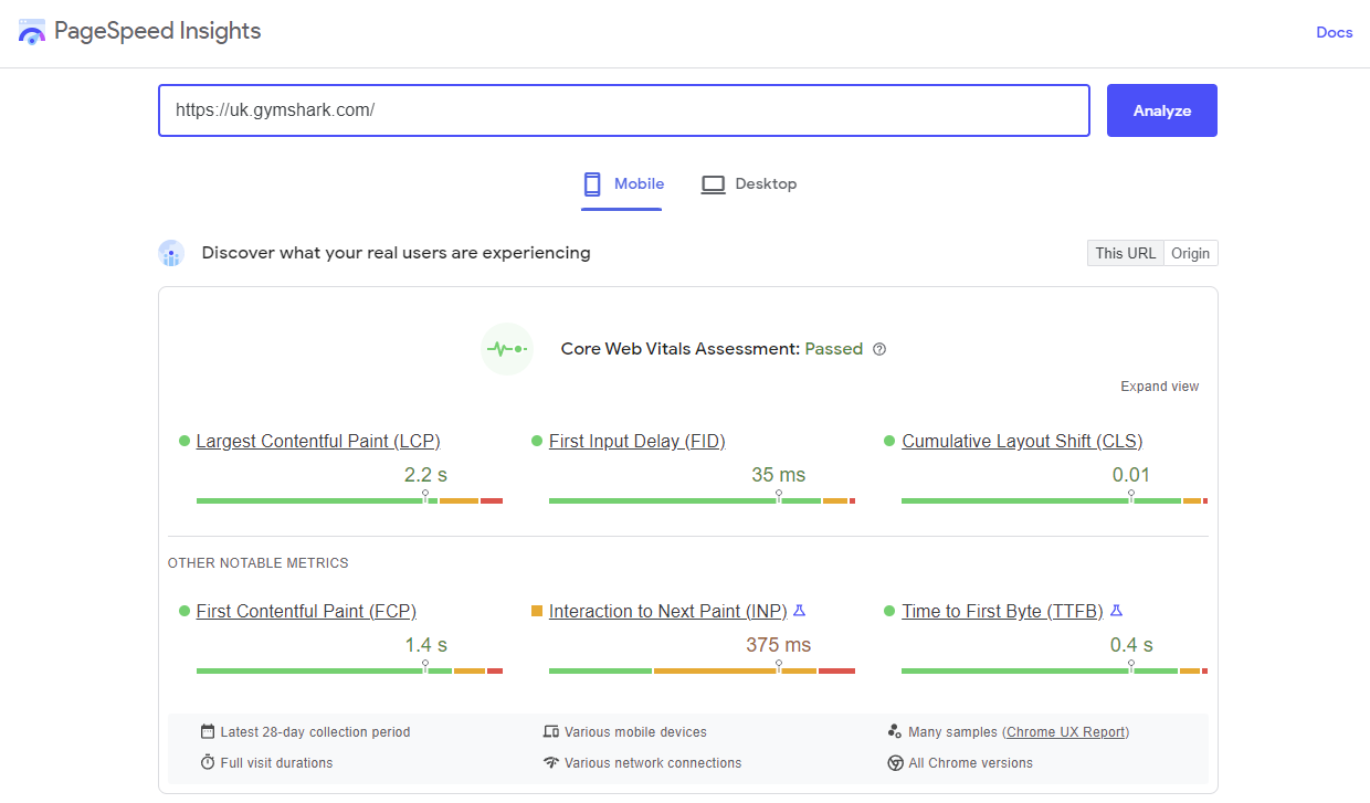 Screenshot of a PageSpeed Insights report