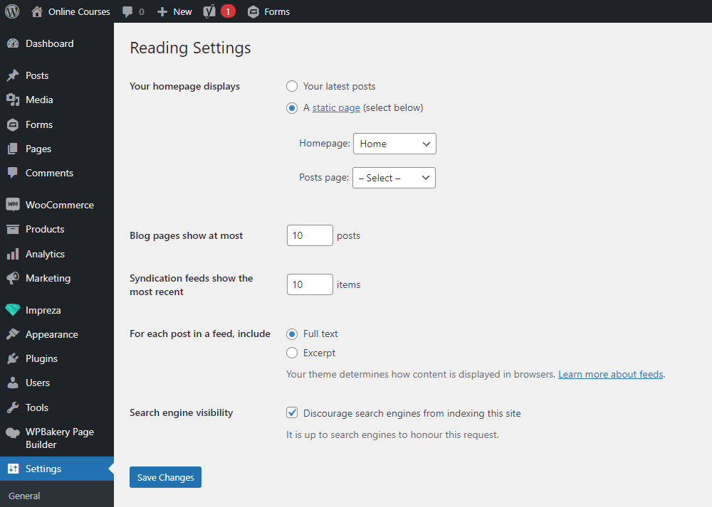 Screenshot of the search engine visibility setting