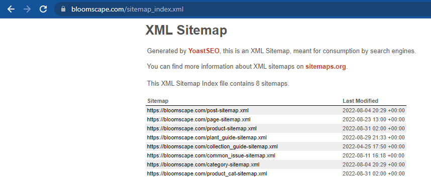 Screenshot of an XML Sitemap