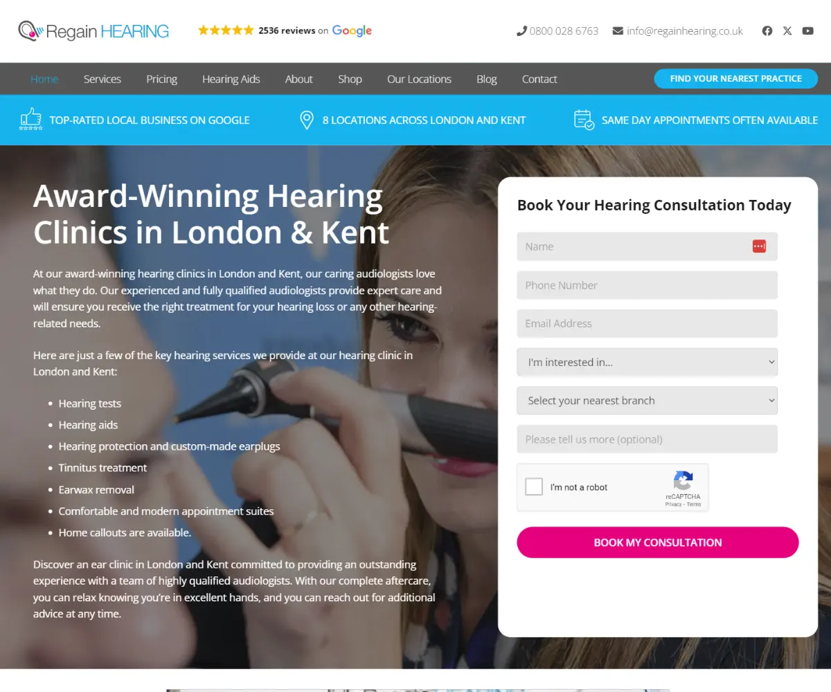 Screenshot of the Regain Hearing home page.