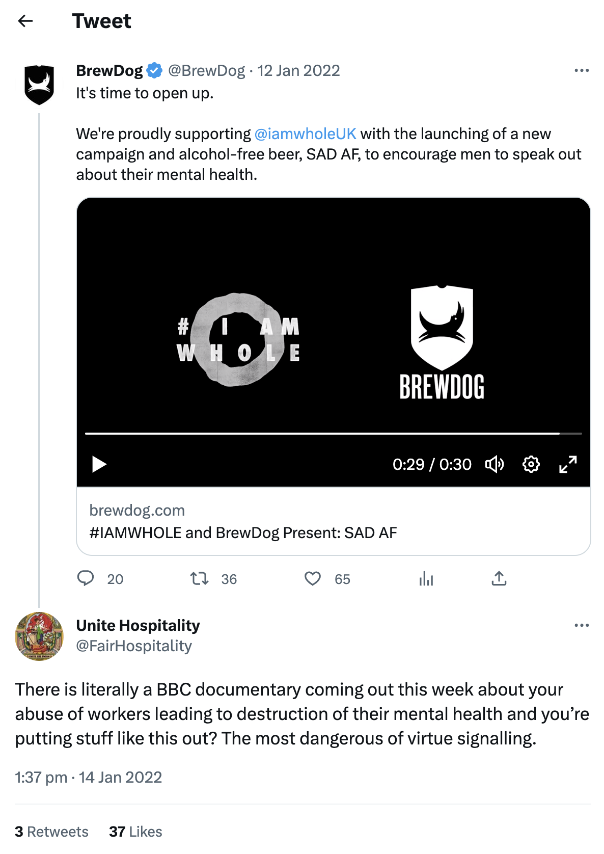 Screenshot showing a brewdog announcement about collaborating with a mental health charity, and a user replying to highlight a documentary being released about Brewdog's alleged mistreatment of staff