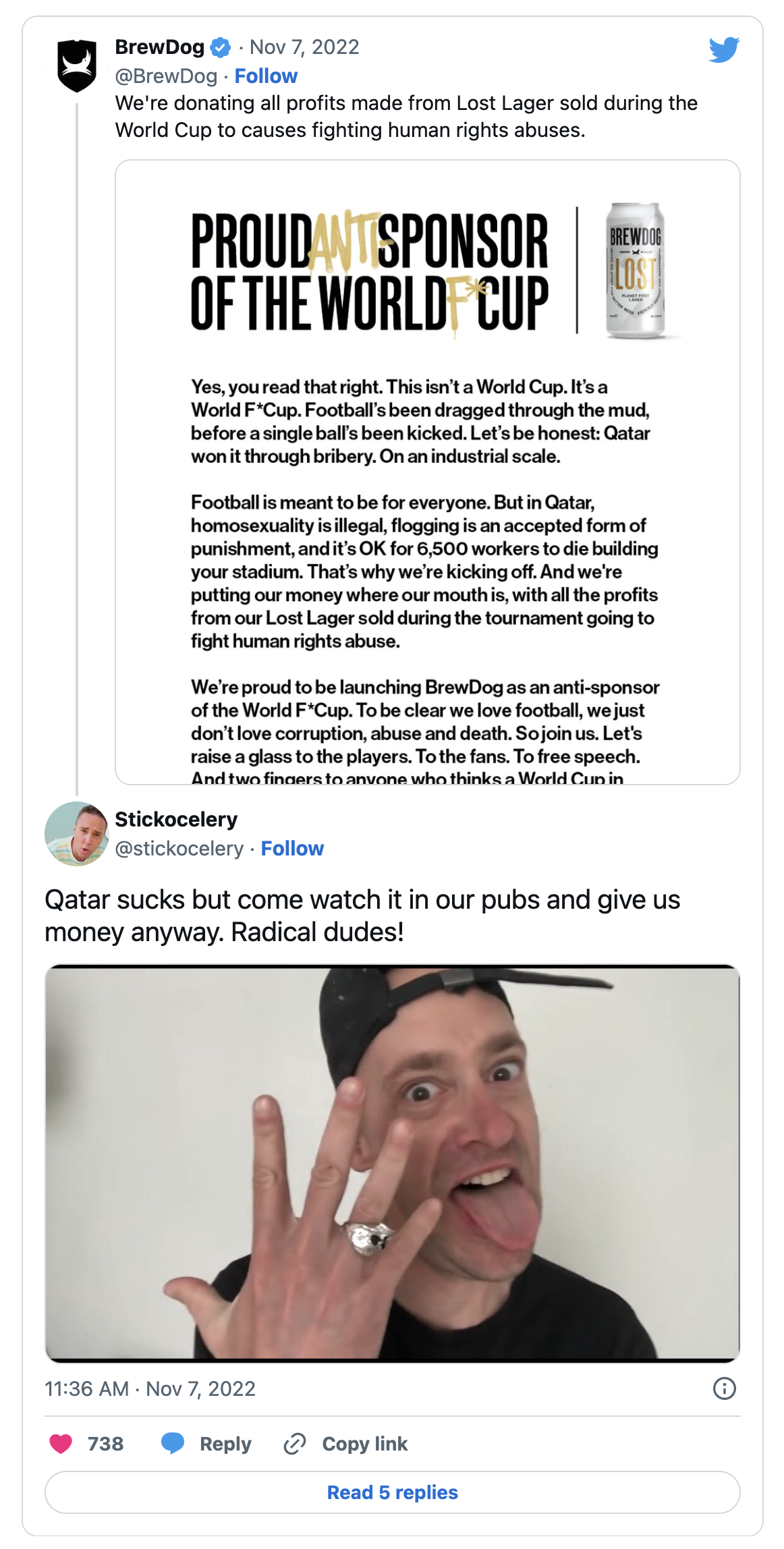 Screenshot of a user criticising Brewdog on Twitter