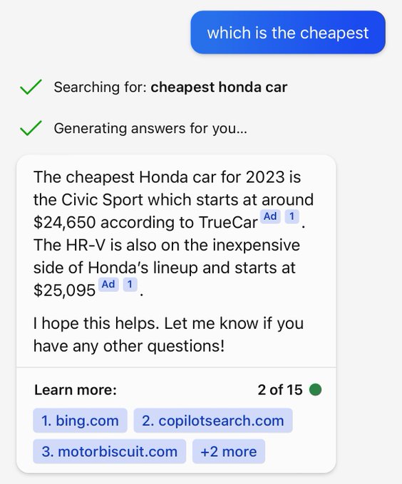 Screenshot of ads in Bing Chat