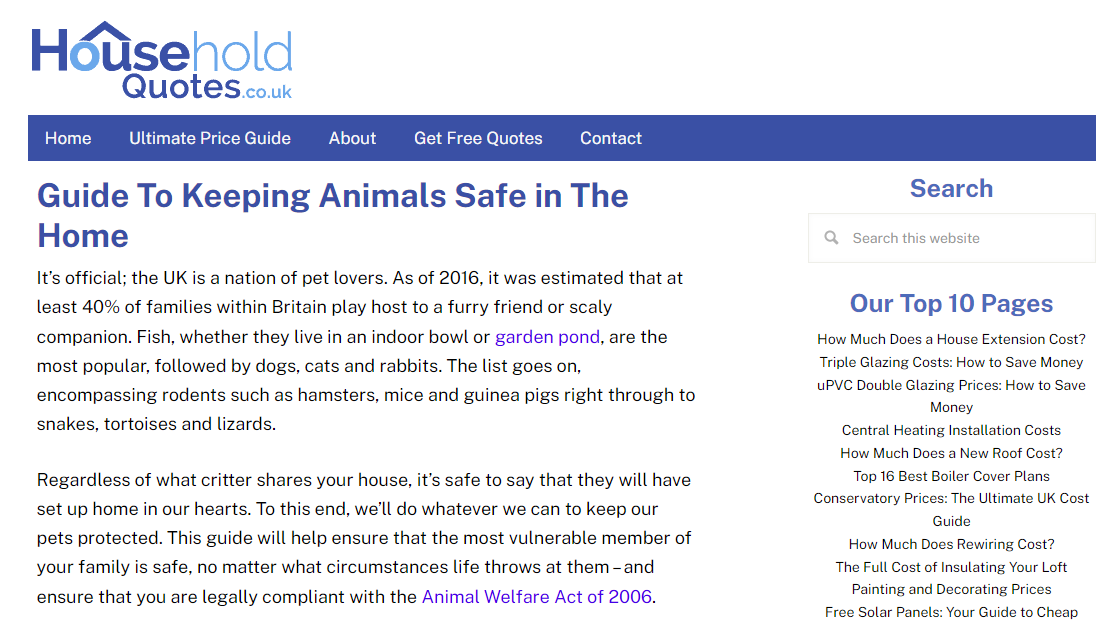 Screenshot of a blog on the Household Quotes website