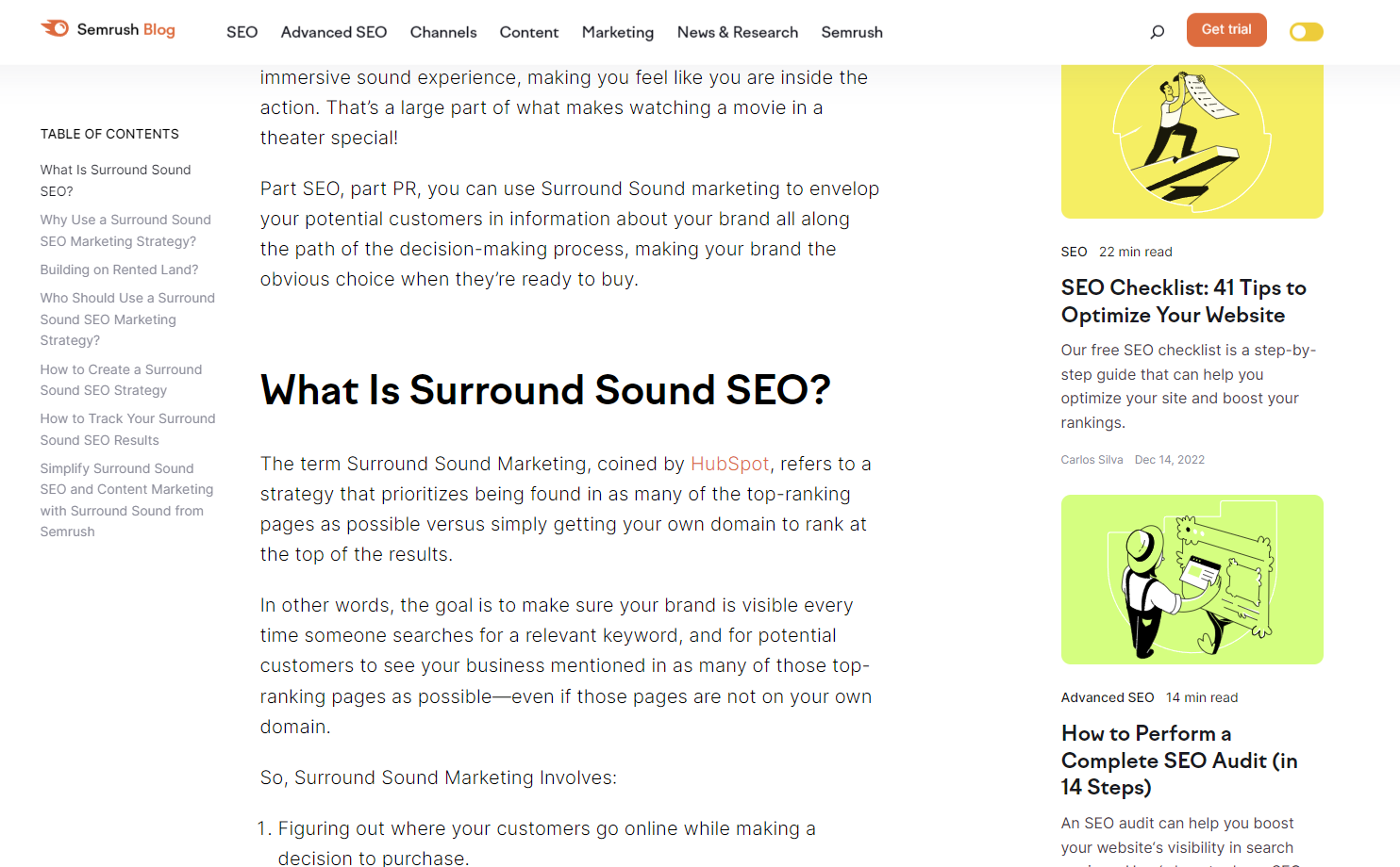 Screenshot of a Semrush article about surround sound SEO
