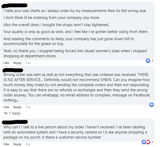Screenshot of negative customer feedback on Facebook