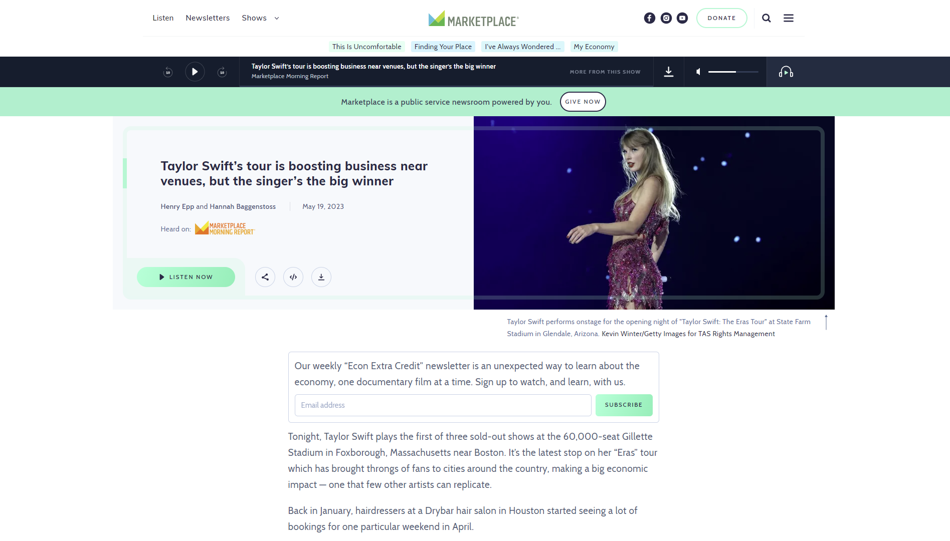 Screenshot of an article about the impact Taylor Swift's concerts have on local businesses