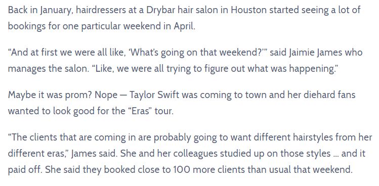 Screenshot of an article where businesses are talking about getting more customers the weekend of a Taylor Swift concert