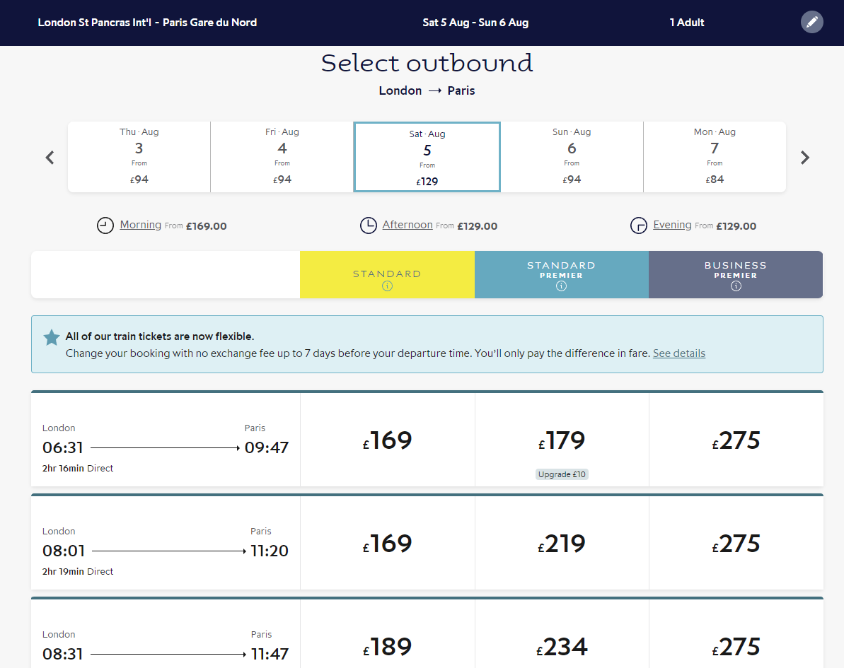Screenshot of the Eurostar pricing page