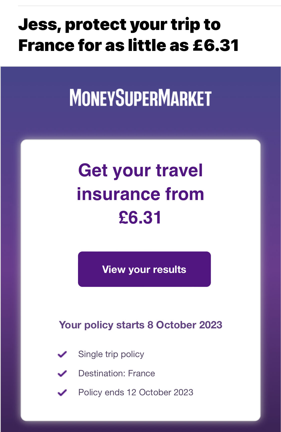 Screenshot of a follow up email from Moneysupermarket