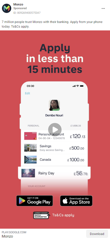 Screenshot of a Monzo ad from Facebook