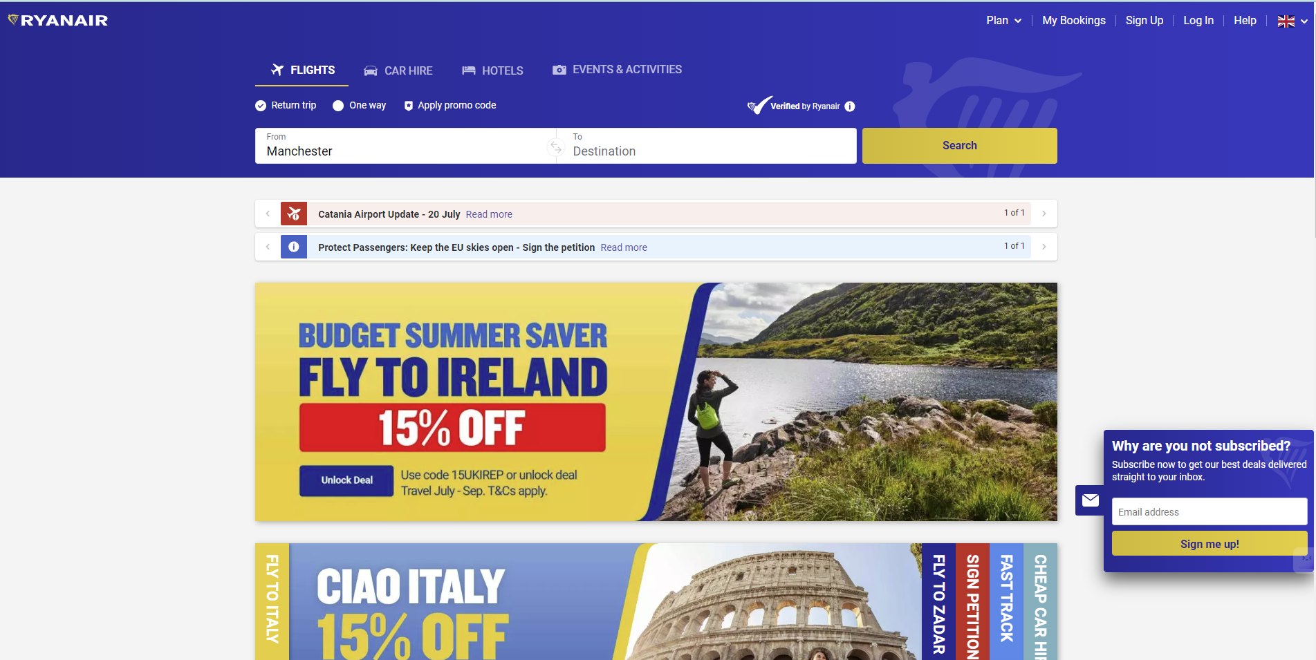 Screenshot of the Ryanair homepage