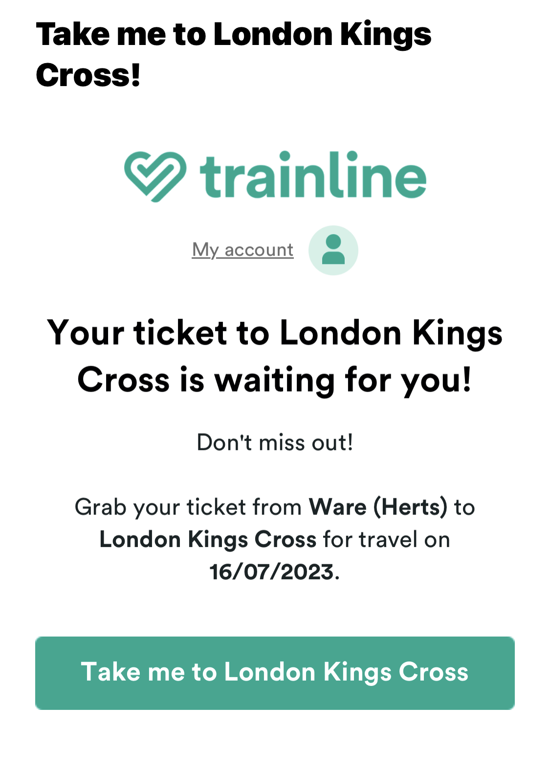 Screenshot of a Trainline email