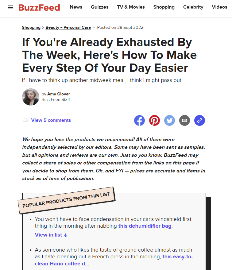 Screenshot of an affiliate marketing blog by BuzzFeed