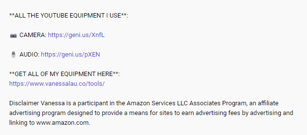 Screenshot of affiliate marketing in a YouTube description