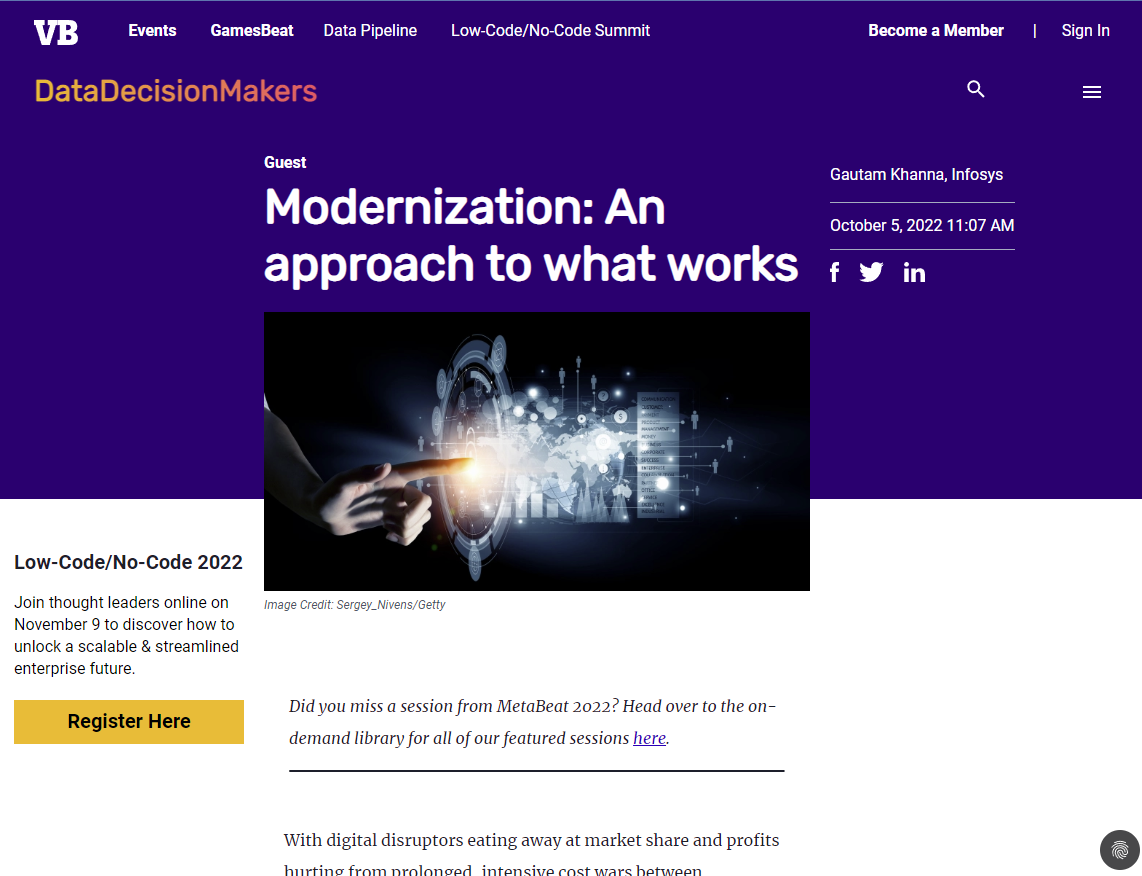 Screenshot of a blog from VentureBeat titled "Modernization: An approach to what works