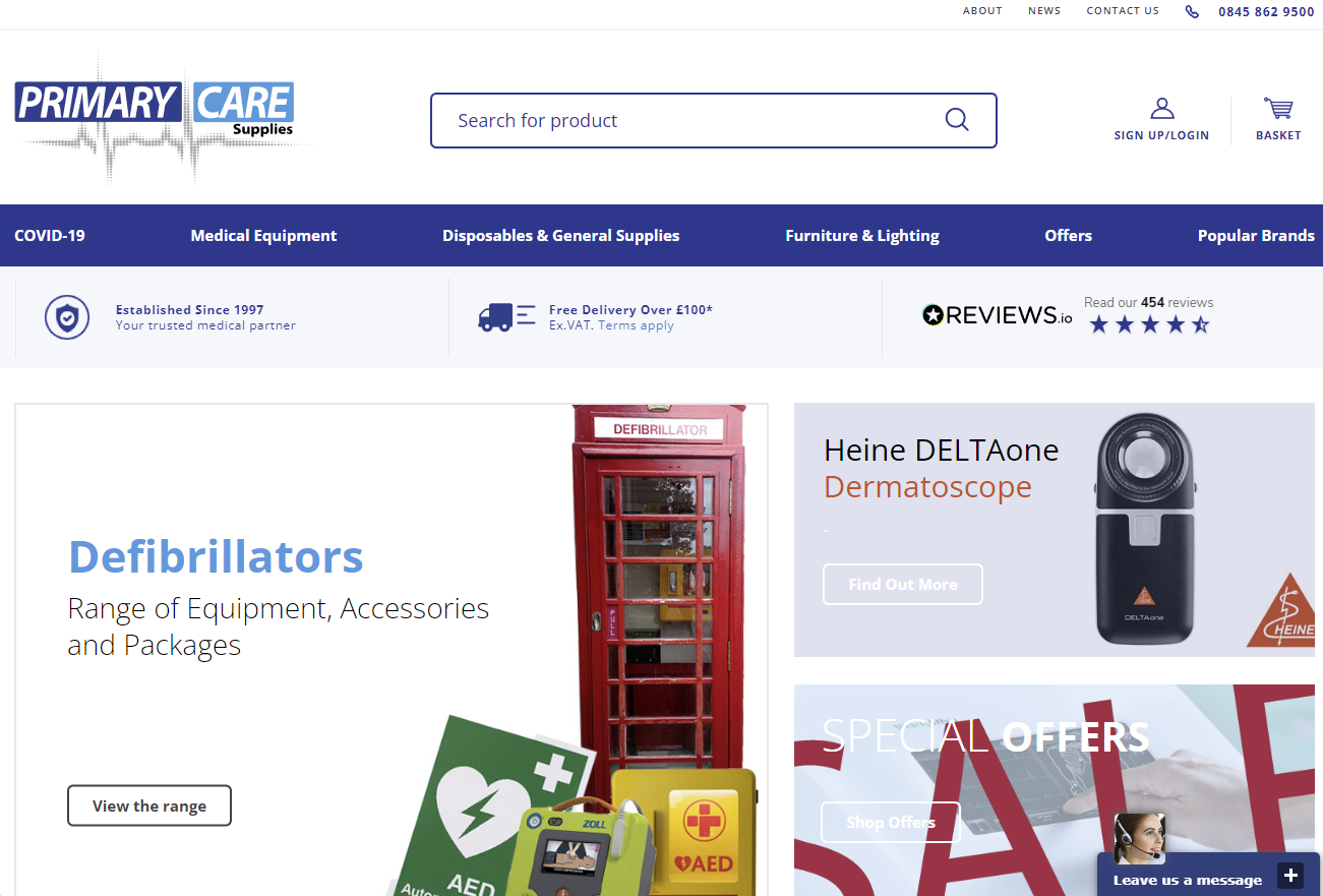 Screenshot of the Primary Care Supplies website