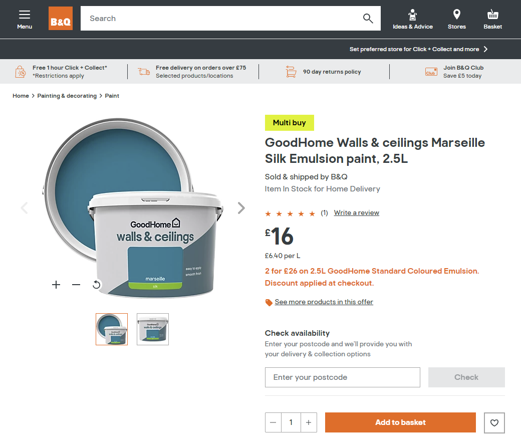 Screenshot of a product page on the B&Q website