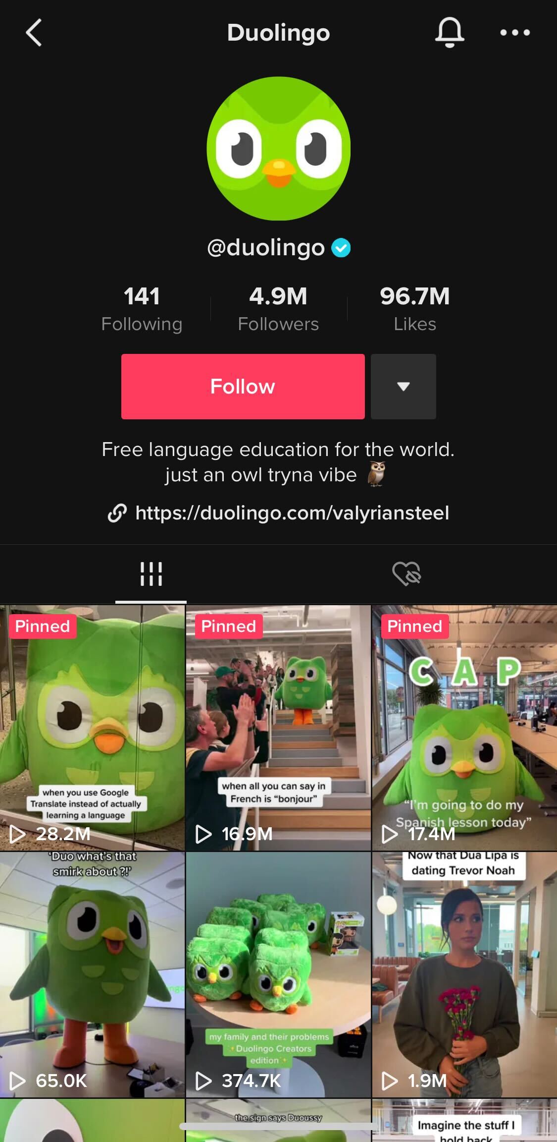 Screenshot of Duolingo's tiktok account