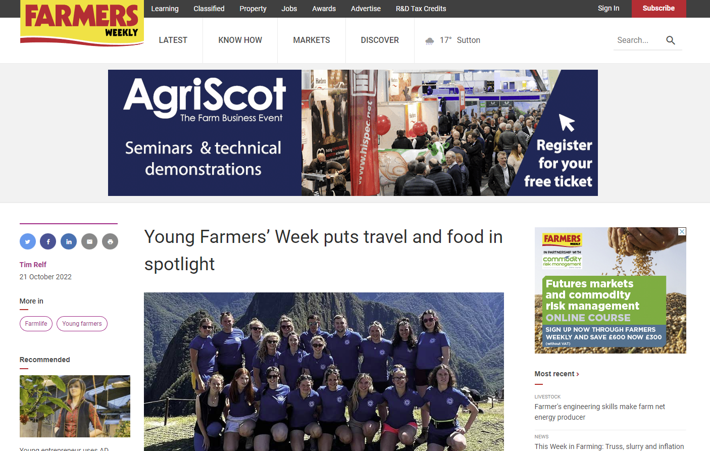 Screenshot of ads on the Farmers Weekly website