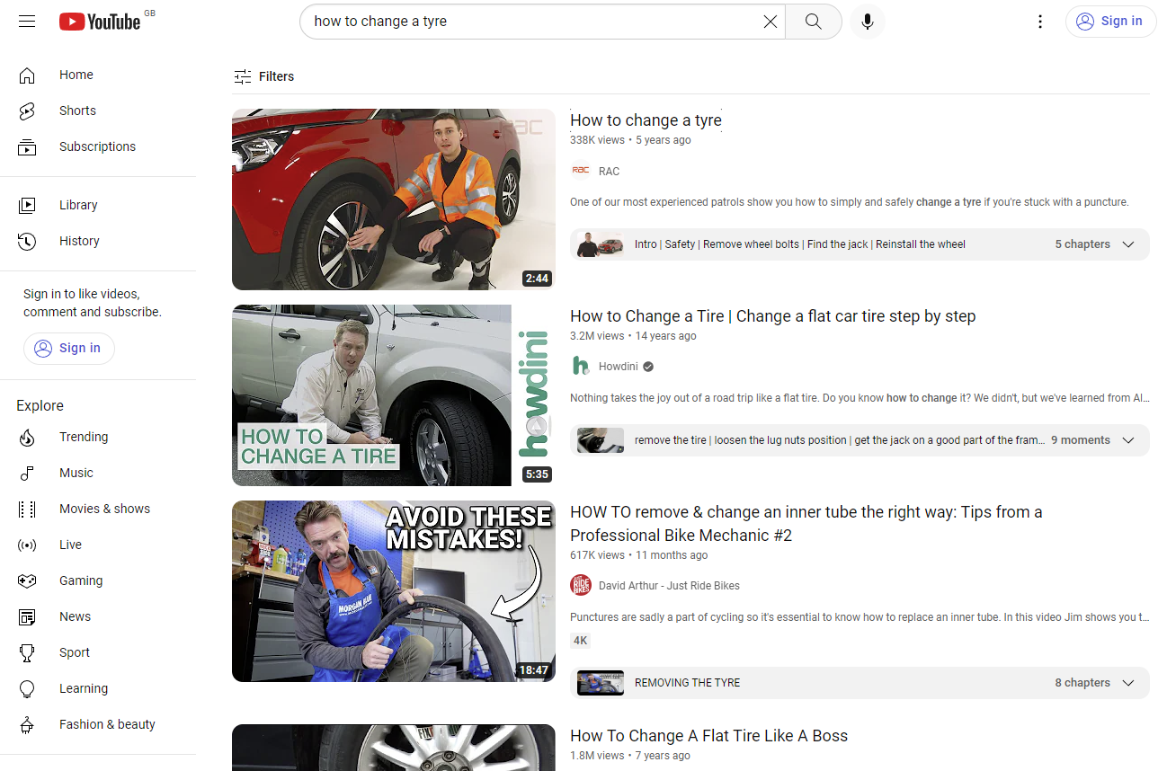 Example of YouTube search results