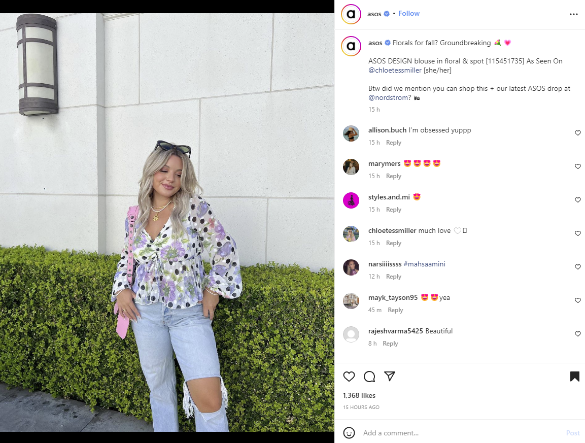 Example of an Instagram post by ASOS.