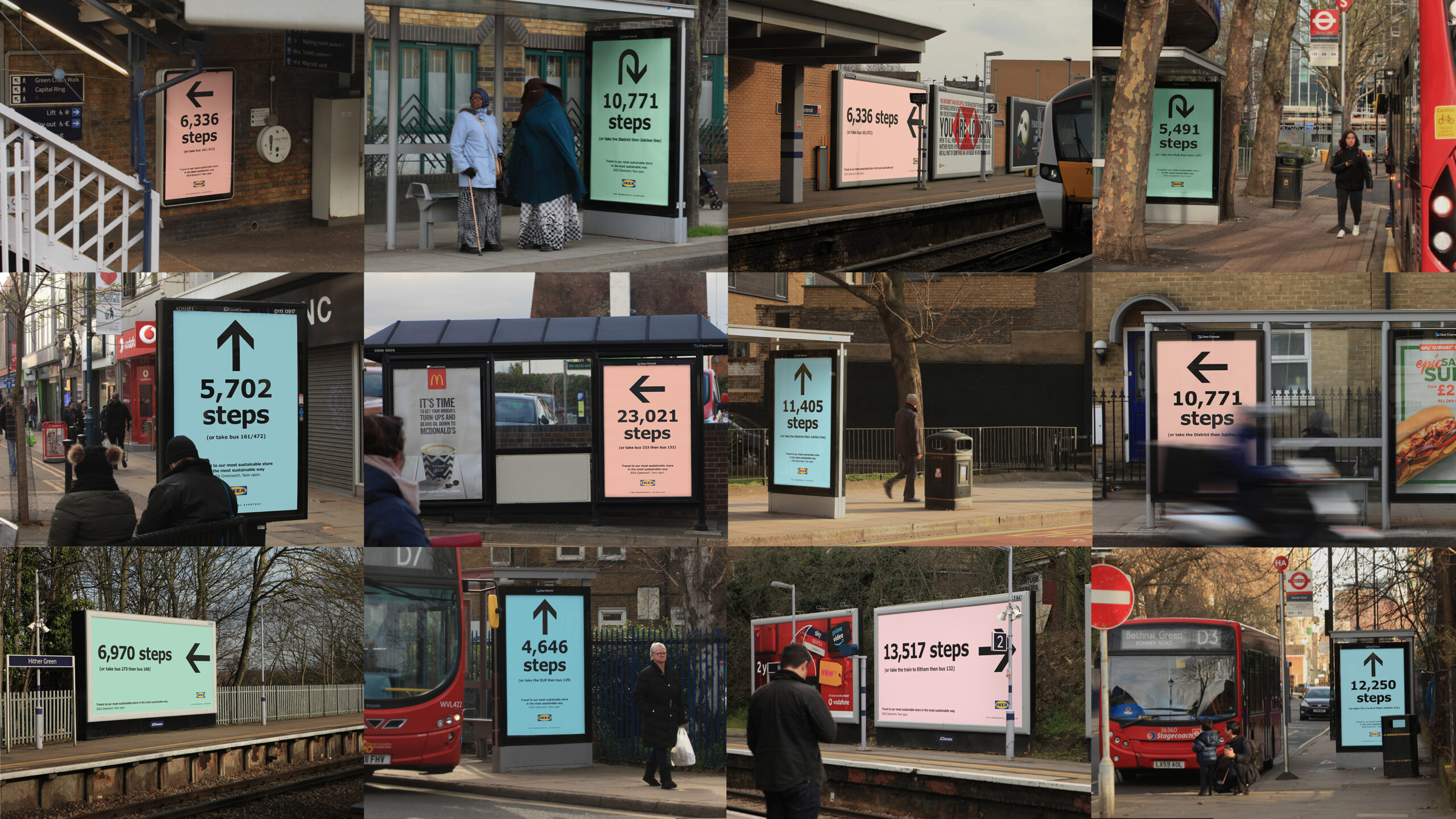 A collage of multiple Ikea ads, pointing shoppers towards an Ikea store and telling them how many steps they need to take to get to IKEA